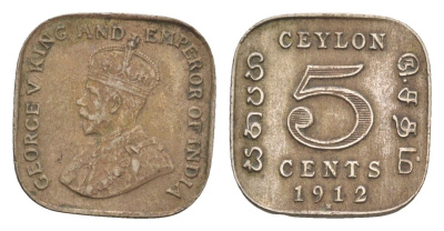 Цейлон 5 центов 1912 Георг V (1910-1936) KM 108 медно-никель 4655-637