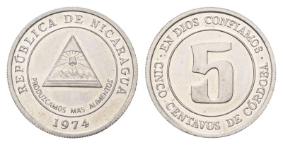 Никарагуа 5 сентаво 1974 ФАО - Давайте производить больше еды KM 28 алюминий UNC 23-1134