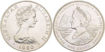 Гибралтар 1 крона 1980 80 лет со дня рождения королевы матери Елизавете KM 11 медно-никель UNC 4527-434