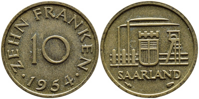 Саарланд 10 франков 1954 индустрия KM 1 алюминиевая бронза 4364-2032