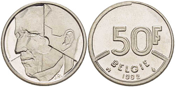 БЕЛЬГИЯ 50 ФРАНКОВ 1992 BELGIE, БОДУЭН I (1951-1993) KM 169 никель 4388-541