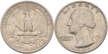 США 25 ЦЕНТОВ = КВОТЕР 1981 P, ВАШИНГТОН KM A164a медь плакированная медно-никелем 4114-824