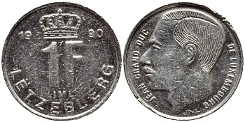 Люксембург 1 франк 1990 Герцог Жан (1964-1999) KM 63 сталь плакированная никелем 4396-1143