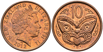 Новая Зеландия 10 центов 2012 маска Маори, Елизавета II (1952-) KM 117а сталь плакированная медью 68-234