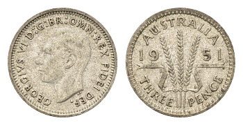Австралия 3 пенса 1951 Георг VI (1936-1952) KM 44 серебро 4669-552