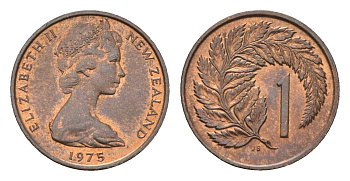 Новая Зеландия 1 цент 1975 Елизавета II (1952-2022), лист папоротника KM 31.1 бронза UNC 4655-217