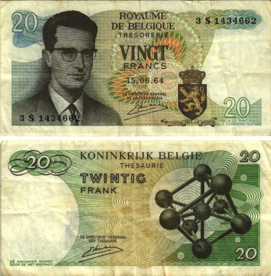 Бельгия 20 франков 1964 Бодуэн I, атомиум, Kestens Pick 138 (3) бумага 7486-41-2-2