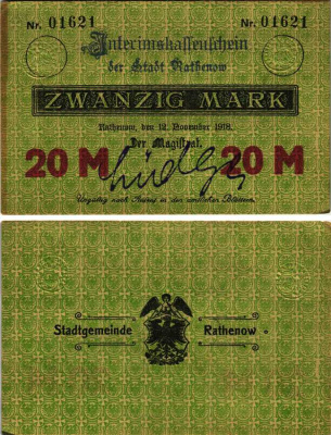 РАТЕНОВ 20 МАРОК 1918 НОТГЕЛЬД, 12 НОЯБРЯ 1918, ЗЕМЛЯ БРАНДЕНБУРГ, ОДНА РУКОПИСНАЯ ПОДПИСЬ Geiger 437.02с бумага 6300-35-3-1