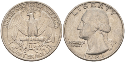 США 25 центов (квотер) 1981 P, Джордж Вашингтон KM 164a медь плакированная медно-никелем 4114-824