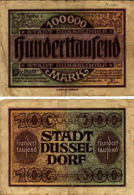 Германия, Дюссельдорф 100000 марок 1923 15 июля 1923, нотгельд, REIHE 2   бумага   444-145-1-1