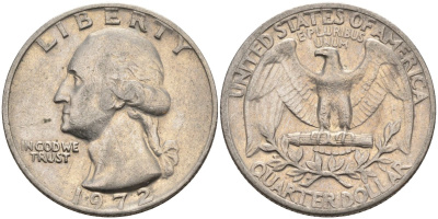 США 25 центов (квотер) 1972 Вашингтон KM 164a медь плакированная медно-никелем 4584-1015