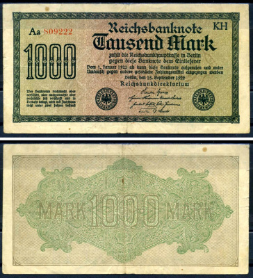Германия 1000 марок 1922 выпуск 15 сентября 1922, водяной знак H, белая бумага, серия KH, буква Aa Pick 76 f (1) бумага 8592-54-3-2