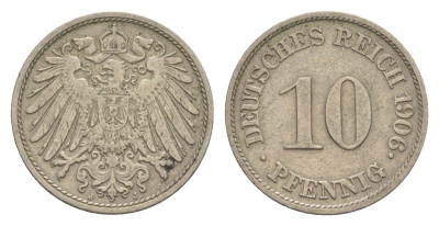 Германия 10 пфеннигов 1906 J, Вильгельм II (1888-1918) KM 12, J. 13 медно-никель 4644-1162