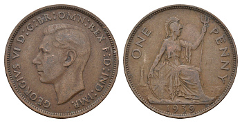 Великобритания 1 пенни 1939 Георг VI (1936-1952) KM 845, Spink 4114 бронза 4692-722