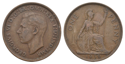 Великобритания 1 пенни 1939 Георг VI (1936-1952) KM 845, Spink 4114 бронза 4692-722