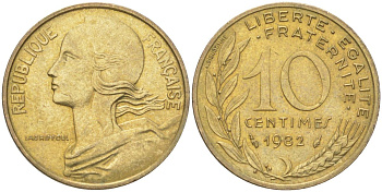 Франция 10 сантимов 1982 KM 929 алюминиевая бронза 4613-861