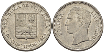 Венесуэла 50 сентимо 1965 Симон Боливар KM 41, Schon 51 никель 31-513