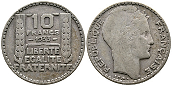 Франция 10 франков 1933 Пьер Тюрен KM 878, Le Franc 360.6 серебро 63-737