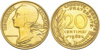 ФРАНЦИЯ 20 САНТИМОВ 1963 KM 930 медь алюминий никель 113-1222