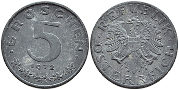 АВСТРИЯ 5 ГРОШЕЙ 1972 KM 2875 цинк 46-1033