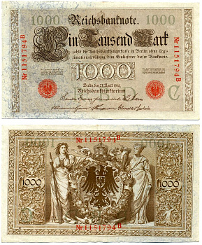 Германия 1000 марок 1910 21 апреля 1910, Буква C, номер семизначный, серия В, выпуск (04-08.1919) Pick 44, Розенберг 45а бумага 8618-3-1-1