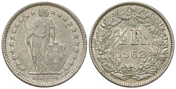 Швейцария 1/2 франка 1962 B KM 23 серебро 4615-1015