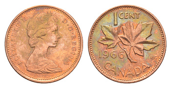 Канада 1 цент 1966 Елизавета II (1952-2022), кленовый лист KM 59 бронза 4639-328