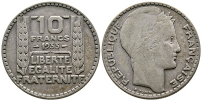 Франция 10 франков 1933 Пьер Тюрен KM 878, Le Franc 360.6 серебро 63-737
