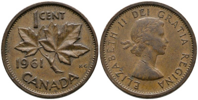 КАНАДА 1 ЦЕНТ 1961 КЛЕНОВЫЙ ЛИСТ, ЕЛИЗАВЕТА II (1952-) KM 49 бронза 4549-356