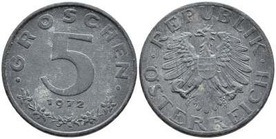 АВСТРИЯ 5 ГРОШЕЙ 1972 KM 2875 цинк 46-1033