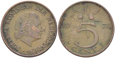 НИДЕРЛАНДЫ 5 ЦЕНТОВ 1974 ЮЛИАНА (1948-1980) KM 181 бронза 213-1124