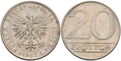 Польша 20 злотых 1987 MW, Народная Республика KM 153.1, Parchimowicz 254d медно-никель 4575-745