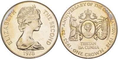 Тристан-да-Кунья 1 крона 1978 25 ЛЕТ КОРОНАЦИИ Елизаветы II KM 2 медно-никель UNC 4527-1131