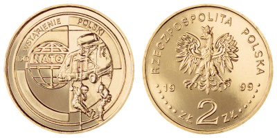 Польша 2 злотых 1999 MW, вступление Польши в НАТО KM 357 нордик  UNC  4521-432