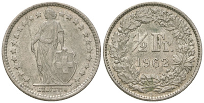 Швейцария 1/2 франка 1962 B KM 23 серебро 4615-1015