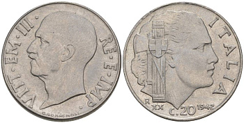 ИТАЛИЯ 20 ЧЕНТЕЗИМО 1942 R, ГОД XX, ВИКТОР ЭММАНУИЛ III (1900-1946), МАГНИТНАЯ, ГУРТ РИФЛЁНЫЙ KM 75b, VEM3. 1029 нержавеющая сталь 3853-447