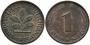 ФРГ 1 пфенниг 1975 F KM 105, J.380 сталь плакированная медью 99-329
