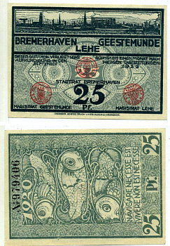 Бремерхафен 25 пфеннигов 1920 сентябрь 1920, нотгельд, земля Бремен Grabowski B86.3 бумага 2195-5-1-1