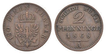 Пруссия 2 пфеннига 1868 A, Вильгельм I (1861-1888) KM 481, Jaeger 51, AKS 107, Olding 425 медь 4651-242