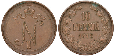 Россия для Финляндии 10 пенни 1915 Биткин 438 медь 51-1344
