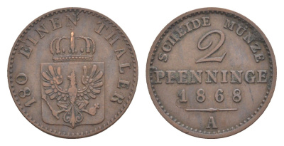 Пруссия 2 пфеннига 1868 A, Вильгельм I (1861-1888) KM 481, Jaeger 51, AKS 107, Olding 425 медь 4651-242