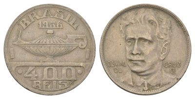 Бразилия 400 реалов 1936 Освалду Крус KM 539 медно-никель 4624-1227