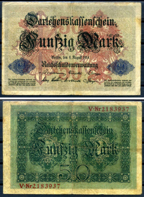 Германия 50 марок 1914 5 августа 1914, номер семизначный Pick 49 b бумага 8617-40-2-1