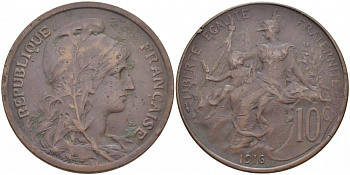 ФРАНЦИЯ 10 САНТИМОВ 1916 ТИП ДАНИЭЛЬ ДЮПЮИ KM 843, LA FRANC 136.27 бронза 114-733