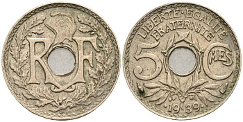 Франция 5 сантимов 1939 (.1939.), тип Линдауэр KM 875а, Le Franc 123.5 никель-бронза 4585-234