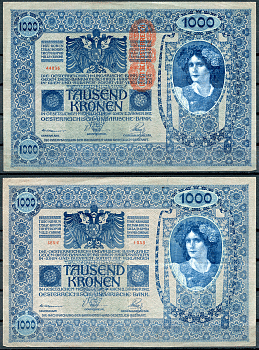 Австрия 1000 крон 1919 красная вертикальная надпечатка на 1902 Pick 59  бумага   8618-2-1-1