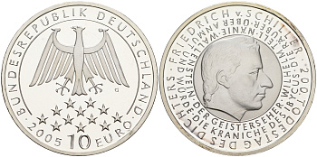 ФРГ 10 евро 2005 G, 200 лет со дня смерти Фридриха фон Шиллера KM 239, DE.S. 10.20 серебро PROOF 1076-3-53