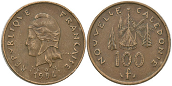 Французская Новая Каледония 100 франков 1994 хижина среди сосен и пальм, (IEOM) KM 15, Schoen 16, Lec 138 никель латунь 4140-745