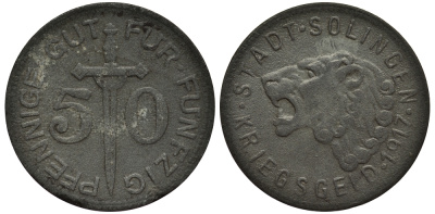 ГЕРМАНИЯ 50 ПФЕННИГОВ 1917 КРИГСГЕЛЬД, ГОРОД ЗОЛИНГЕН, ГОЛОВА ЛЬВА 1529-341