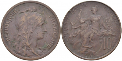 ФРАНЦИЯ 10 САНТИМОВ 1916 ТИП ДАНИЭЛЬ ДЮПЮИ KM 843, LA FRANC 136.27 бронза 114-733